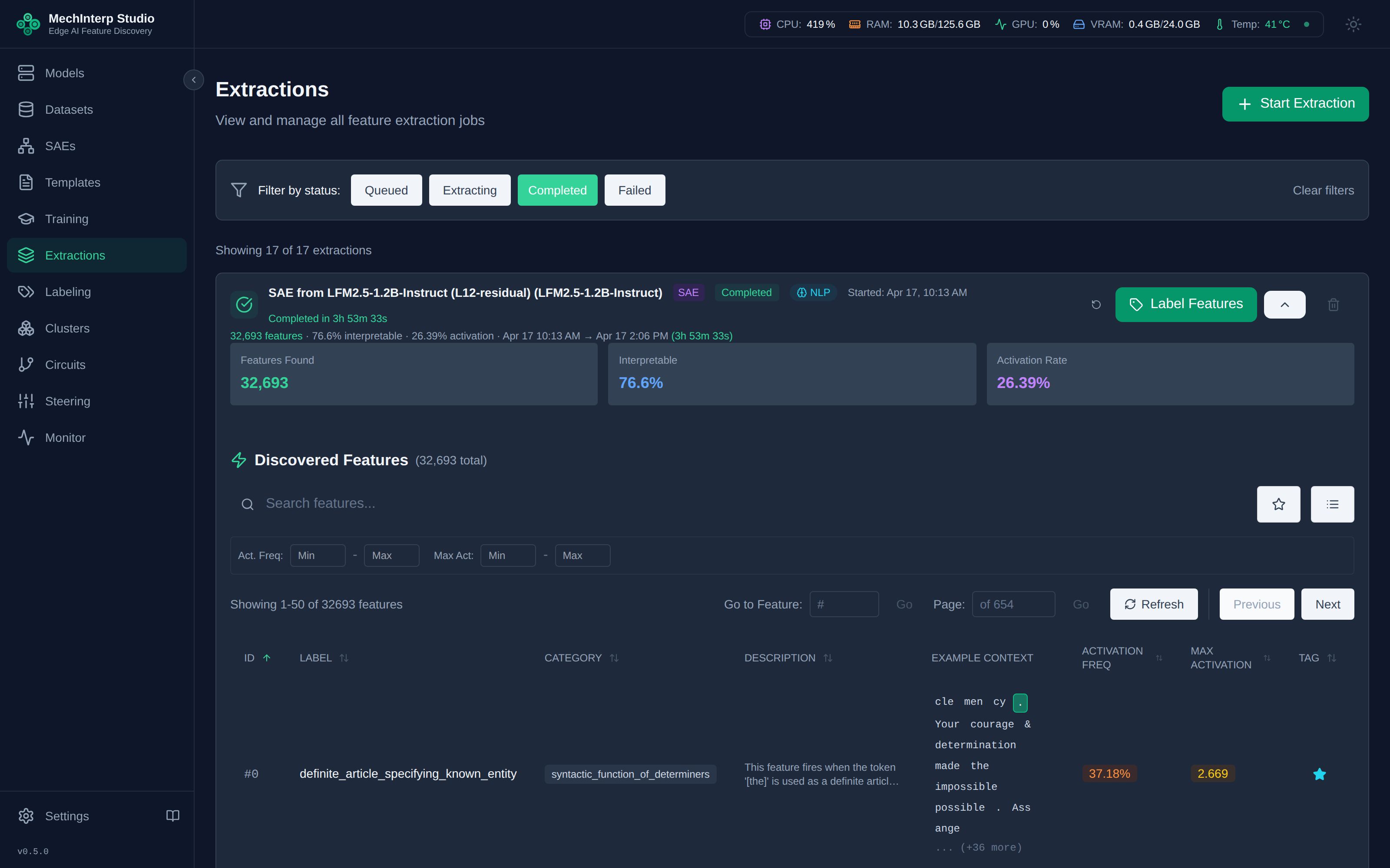 Feature Browser — Browsing extracted features with labels and statistics