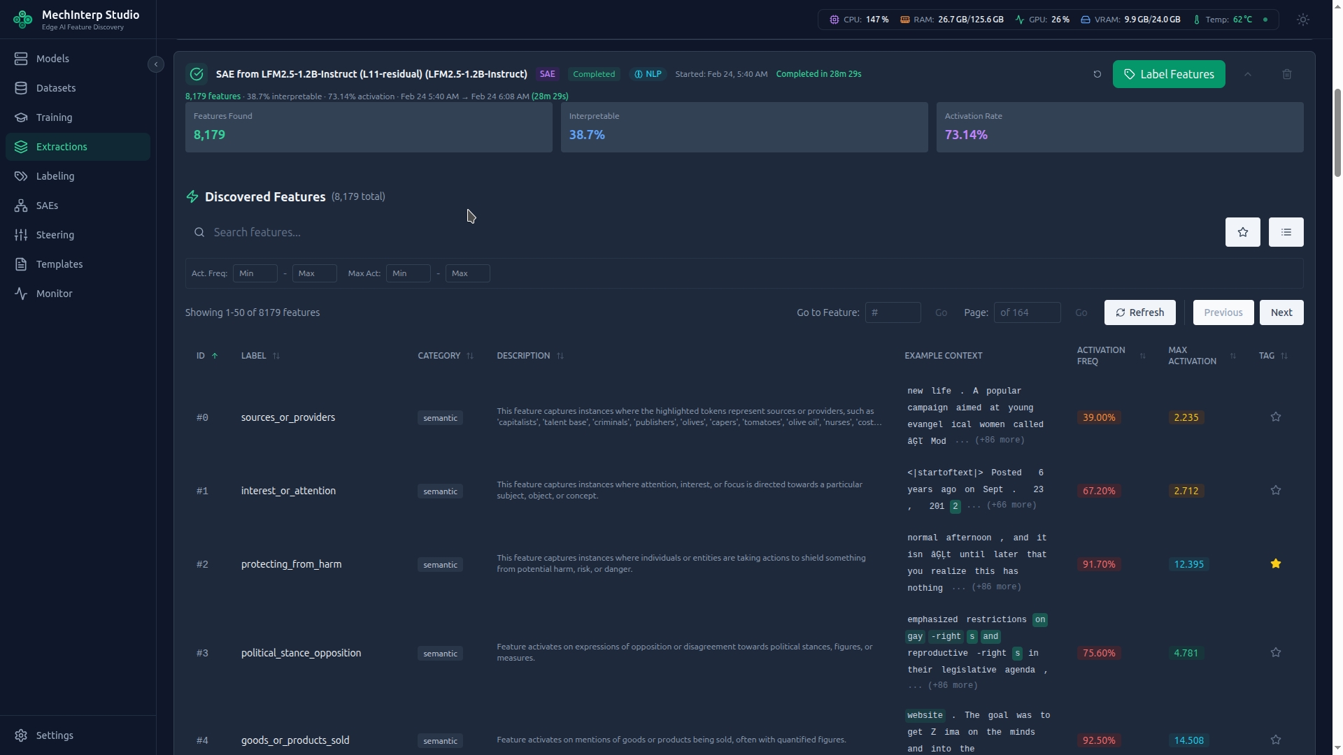 Feature Browser — Browsing extracted features with labels and statistics