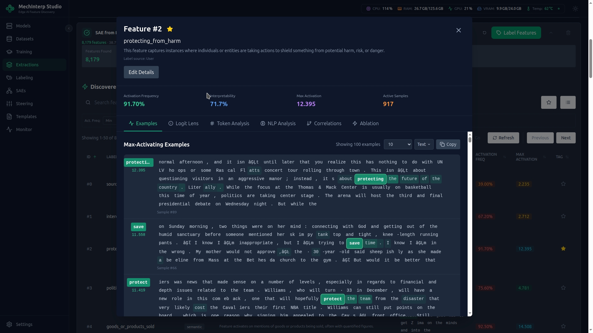 Feature Details — Activation examples and token-level analysis