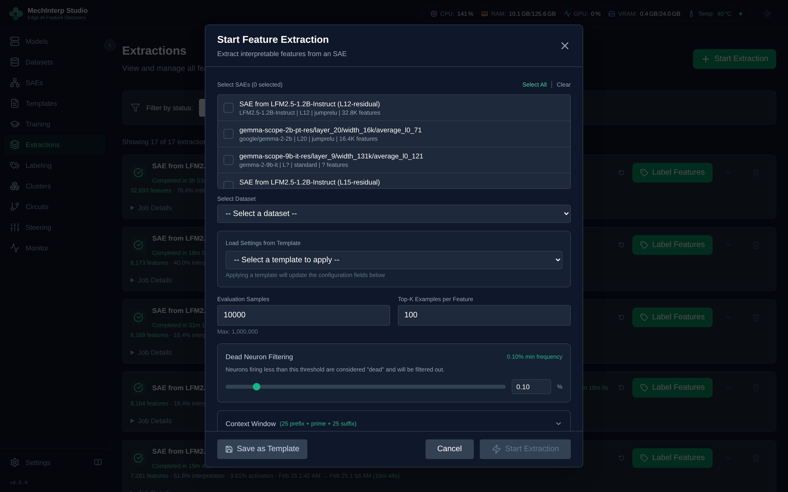 Feature Extraction Job Configuration — SAE selection and parameters