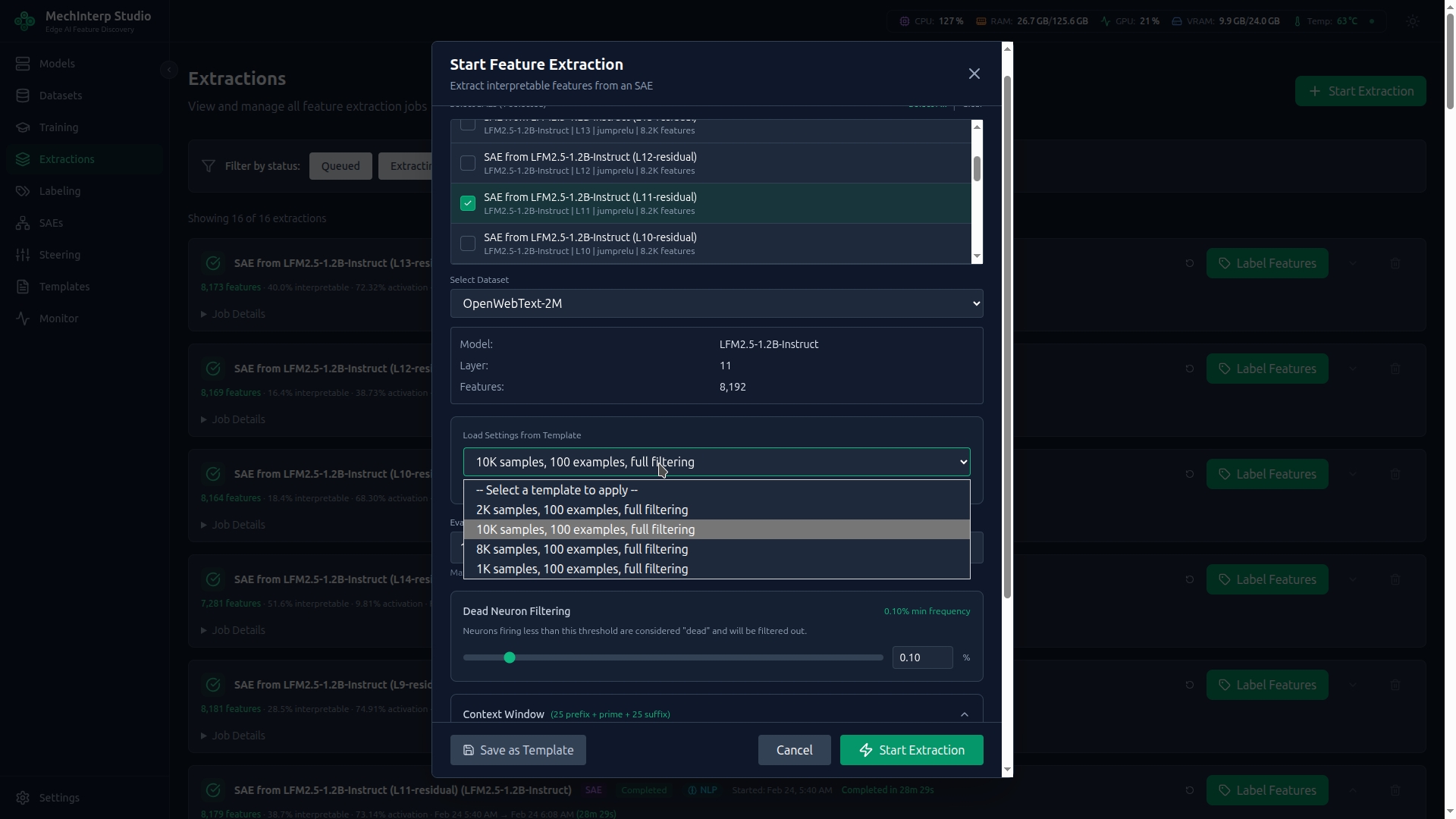 Feature Extraction Job Configuration — SAE selection and parameters