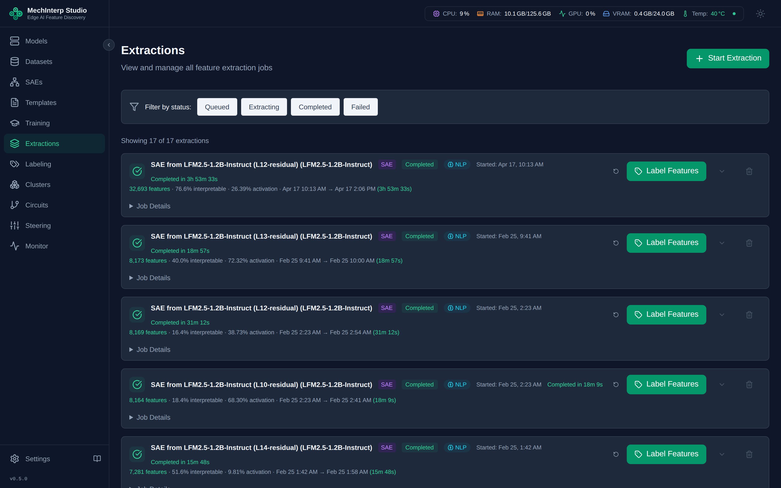 Extraction Panel — Completed extraction jobs