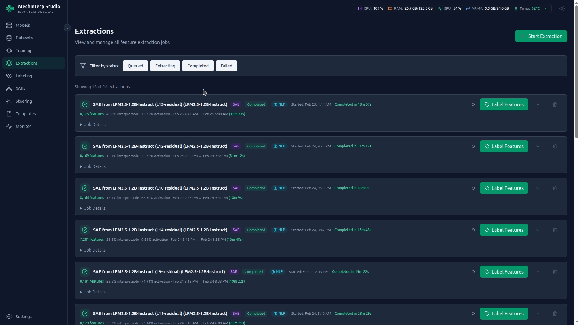 Extraction Panel — Completed extraction jobs