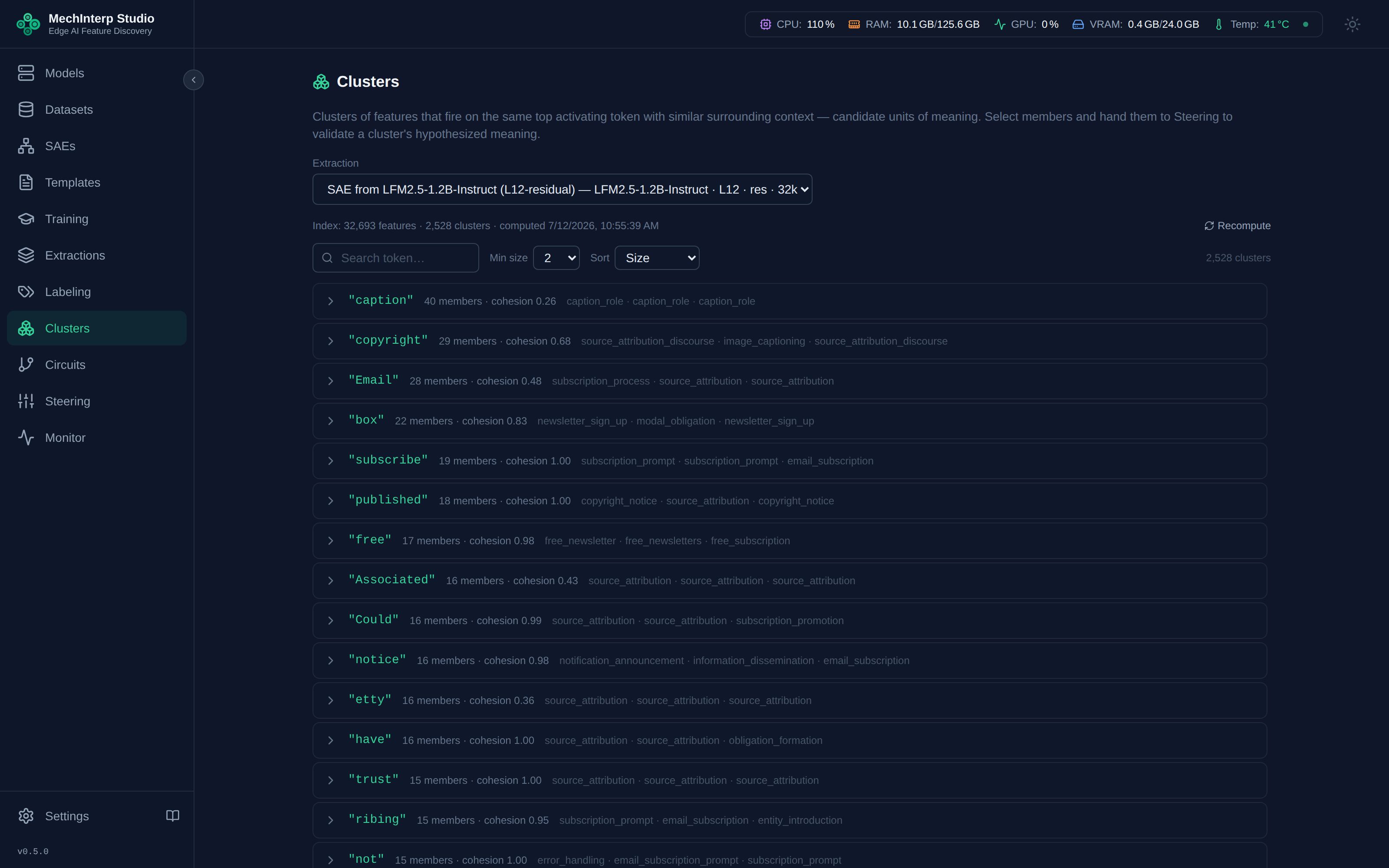 Clusters panel — grouped by top activating token, sorted by cohesion