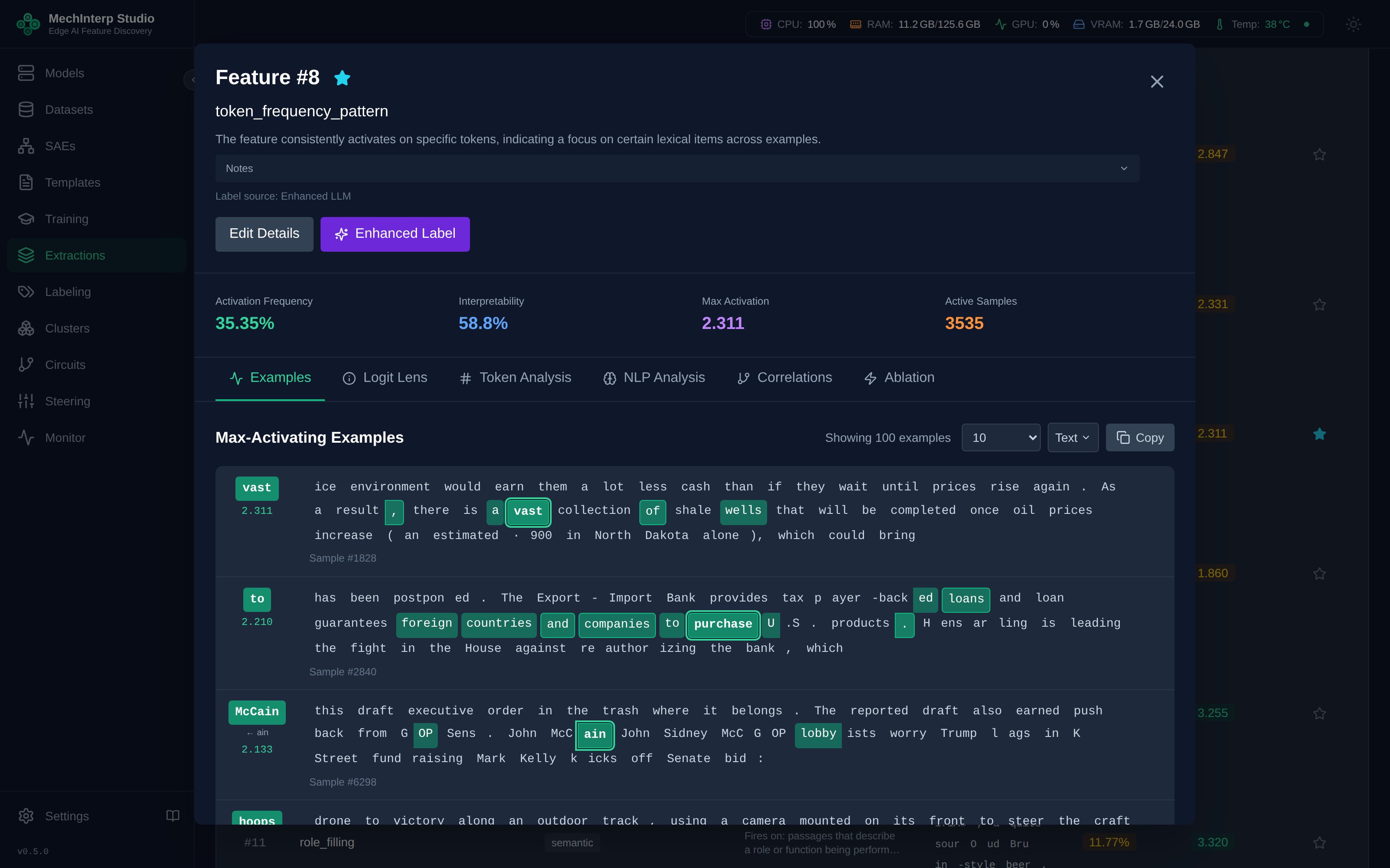 Feature Detail Modal after completion — Notes section expanded showing the markdown synthesis paragraph and per-example summary table