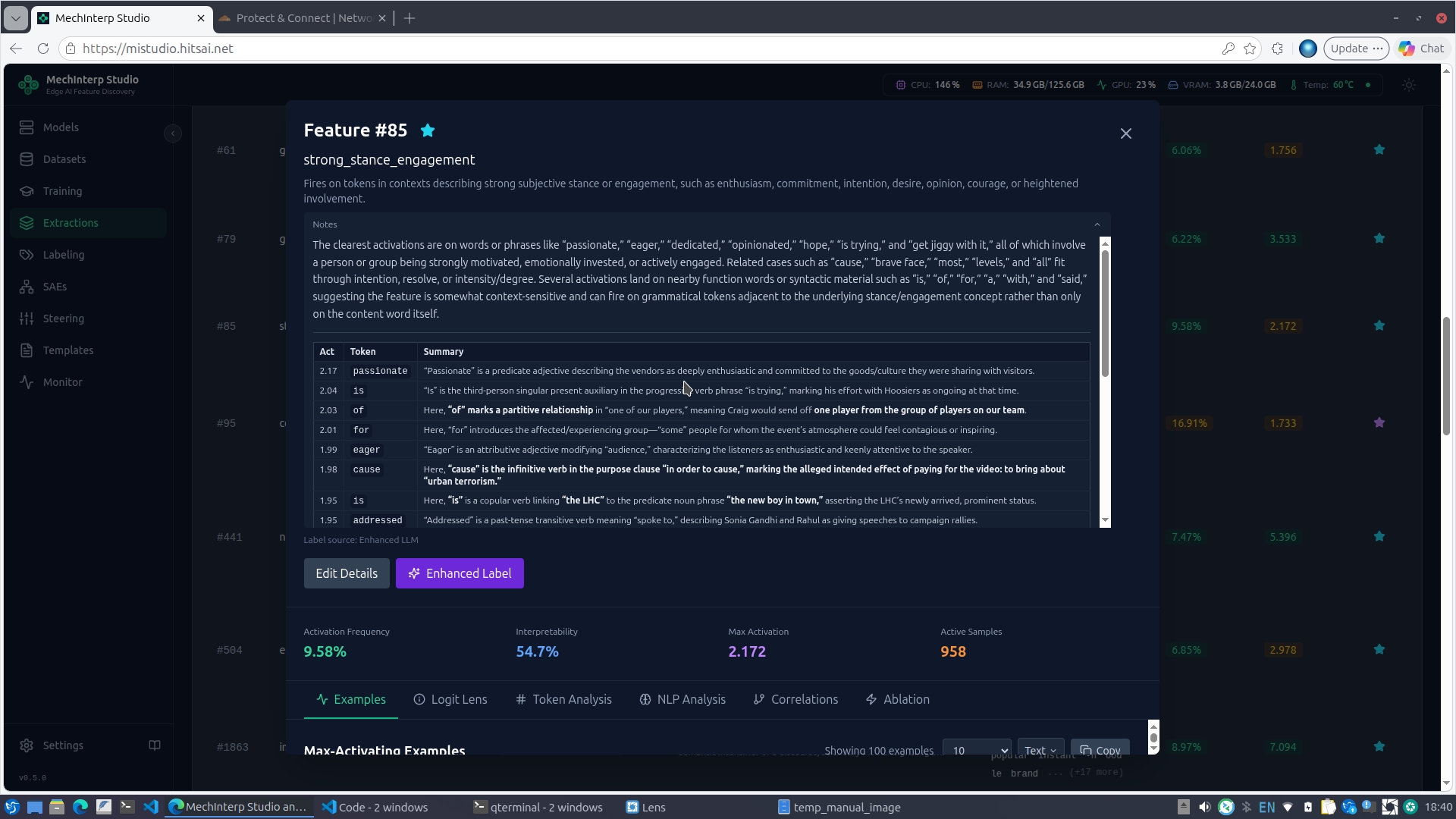 Feature Detail Modal after completion — Notes section expanded showing the markdown synthesis paragraph and per-example summary table