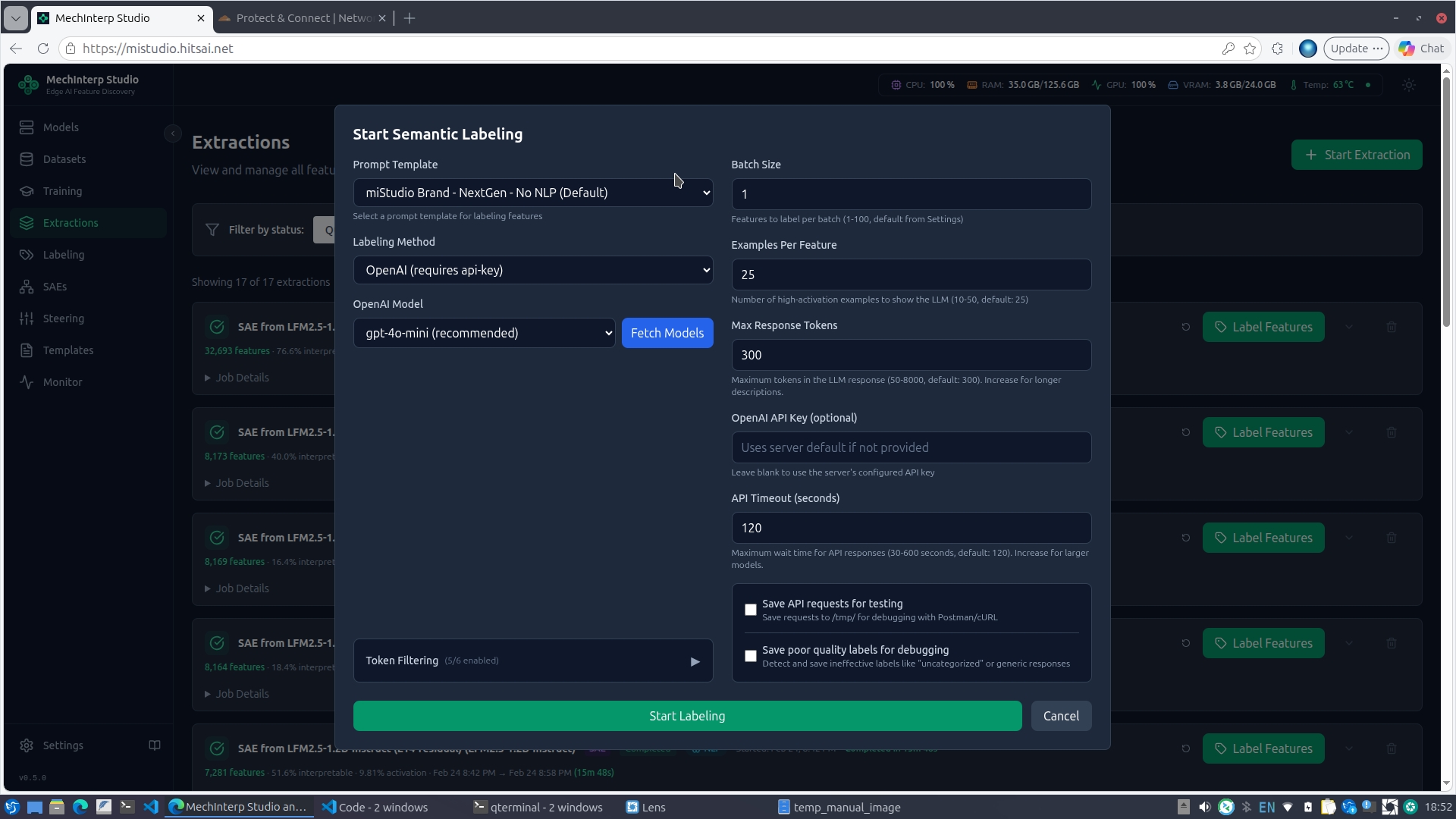 Start Semantic Labeling dialog — Template dropdown, Method selector, and model configuration