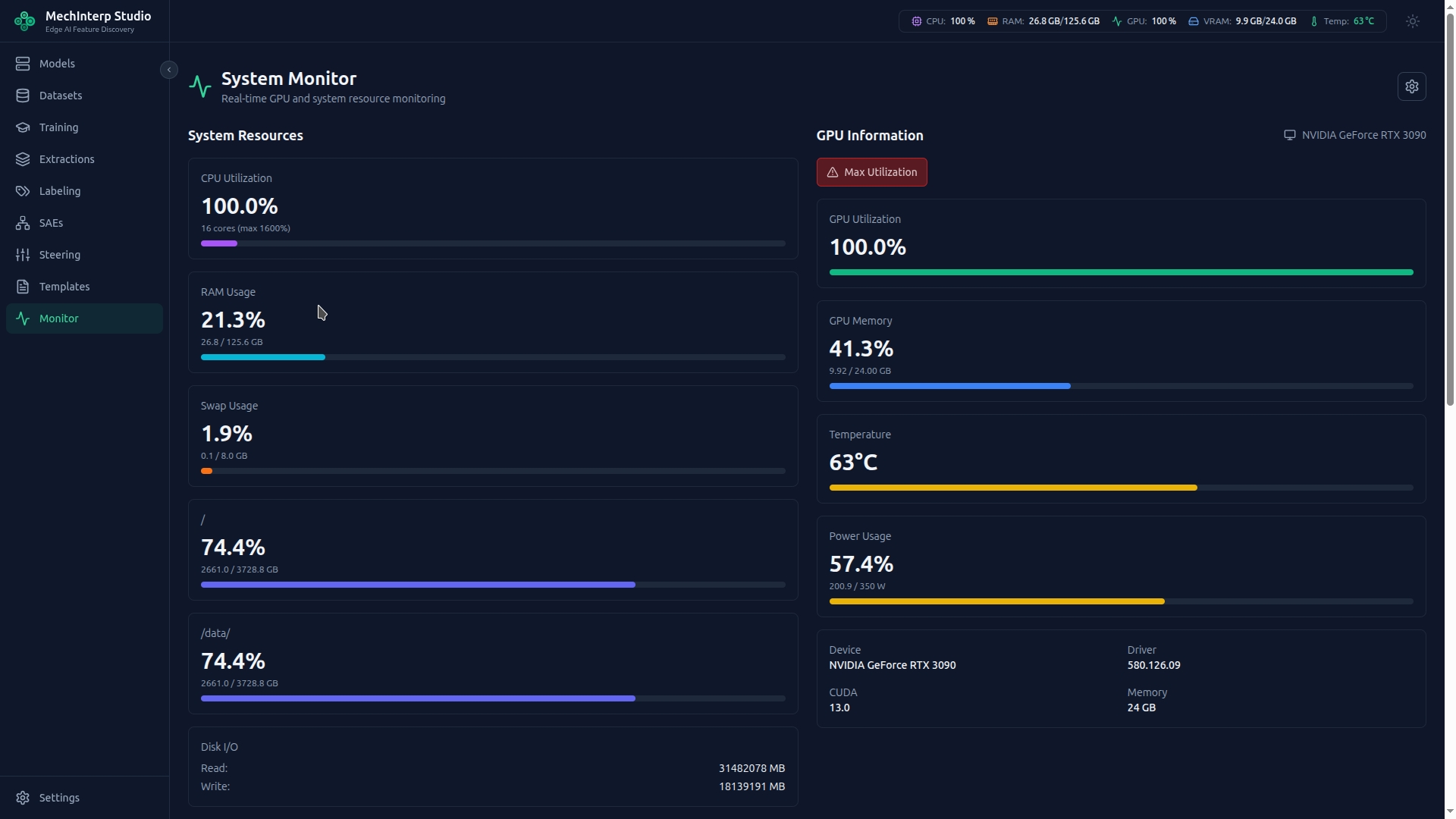 System Monitor — Real-time GPU, CPU, memory, and disk metrics