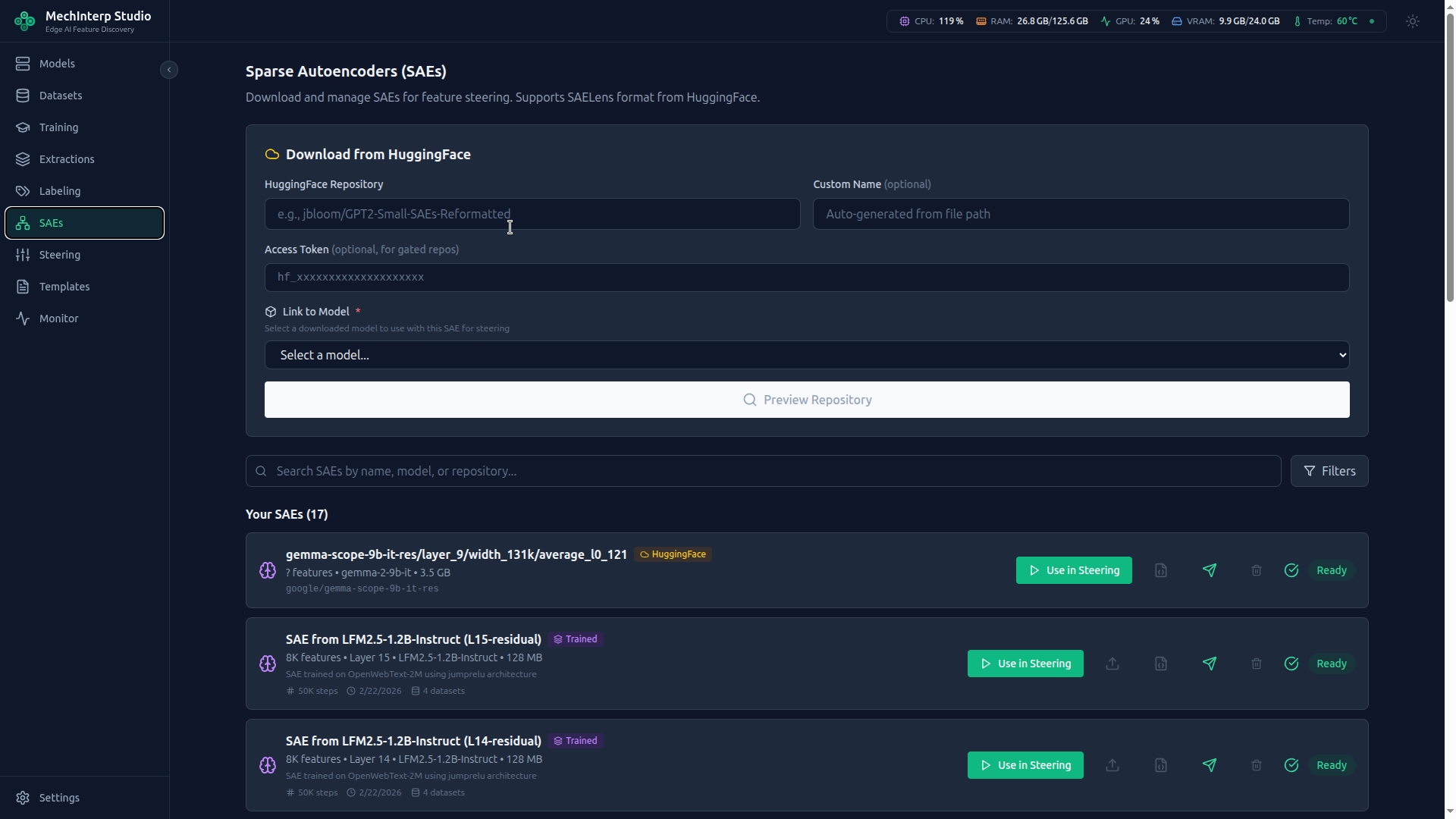 SAE Panel — Browse downloaded and imported SAEs