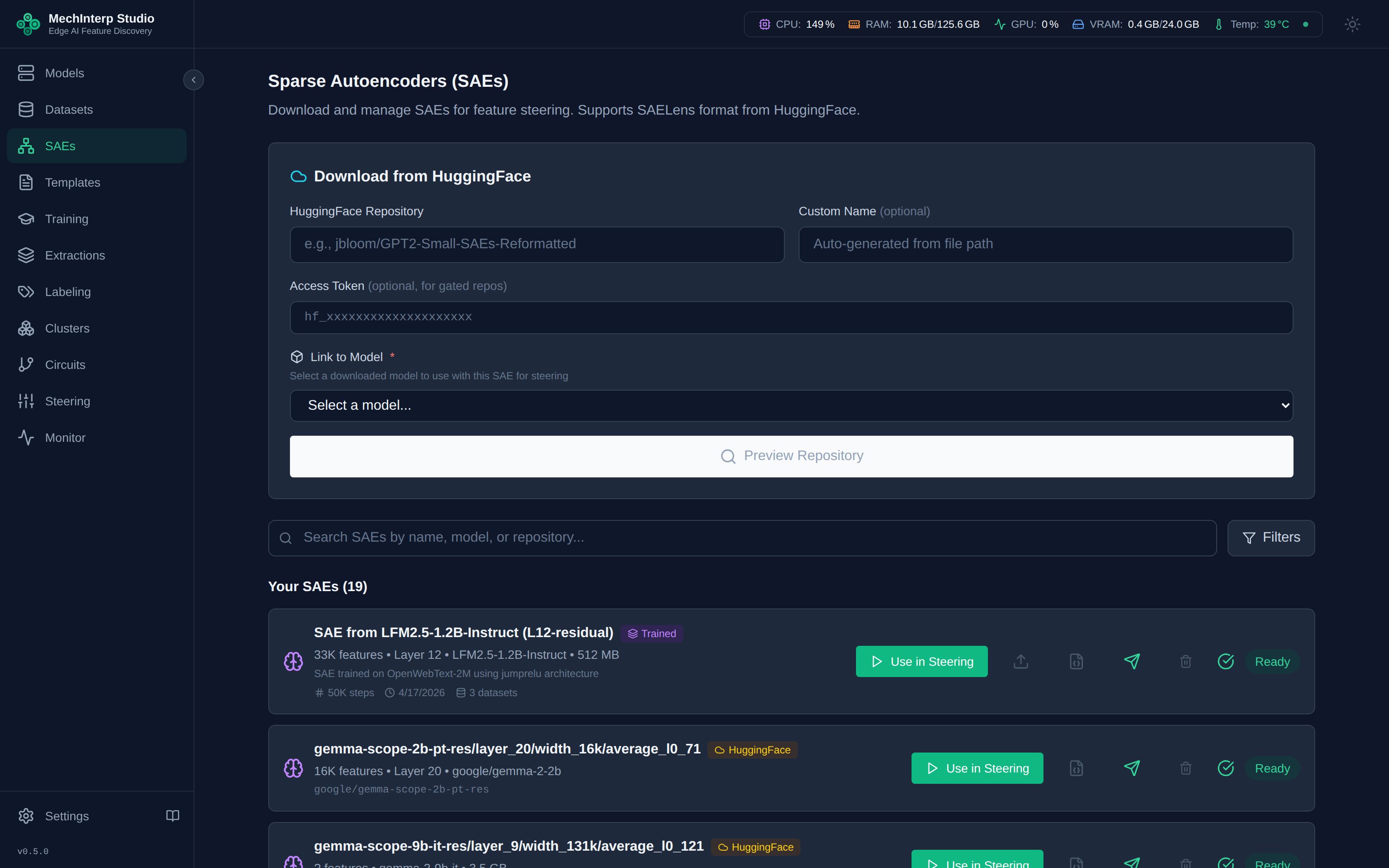 SAE Download — Preview and select pre-trained SAEs from HuggingFace