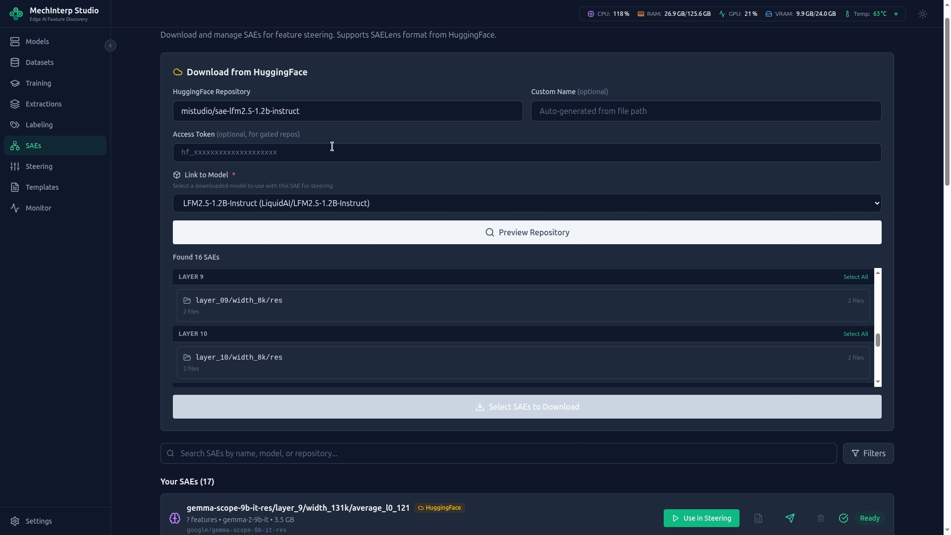 SAE Download — Preview and select pre-trained SAEs from HuggingFace