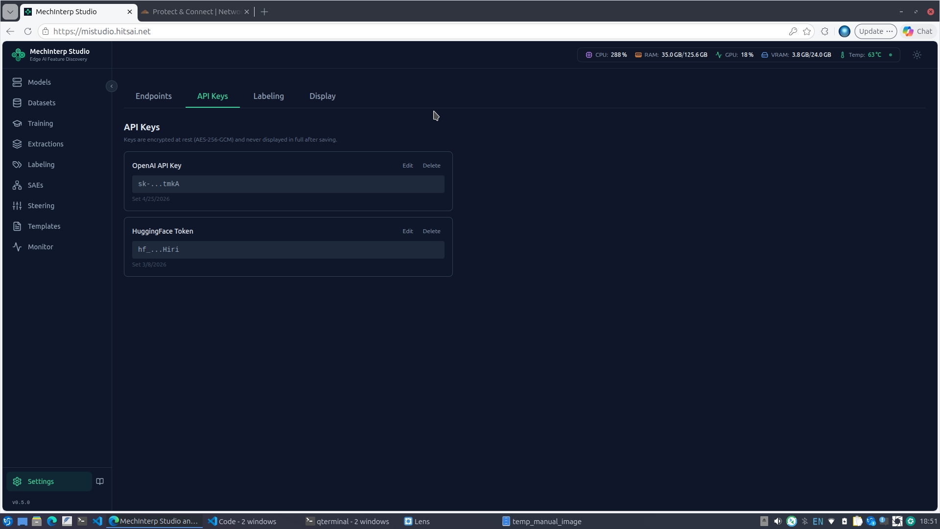 Settings API Keys tab after saving — both keys masked, with Edit/Delete actions