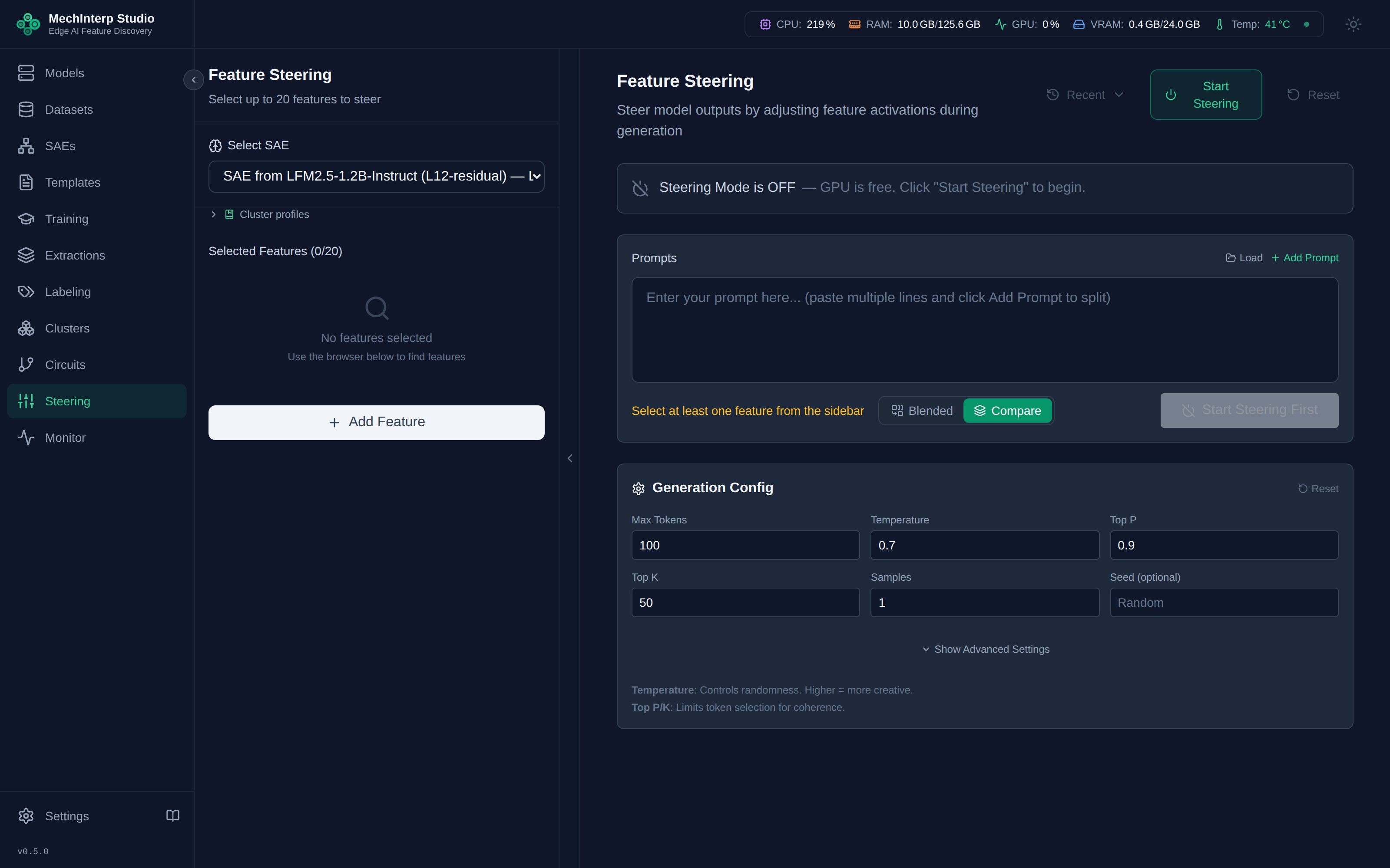 Steering Session Results — Baseline vs steered outputs with perplexity comparison