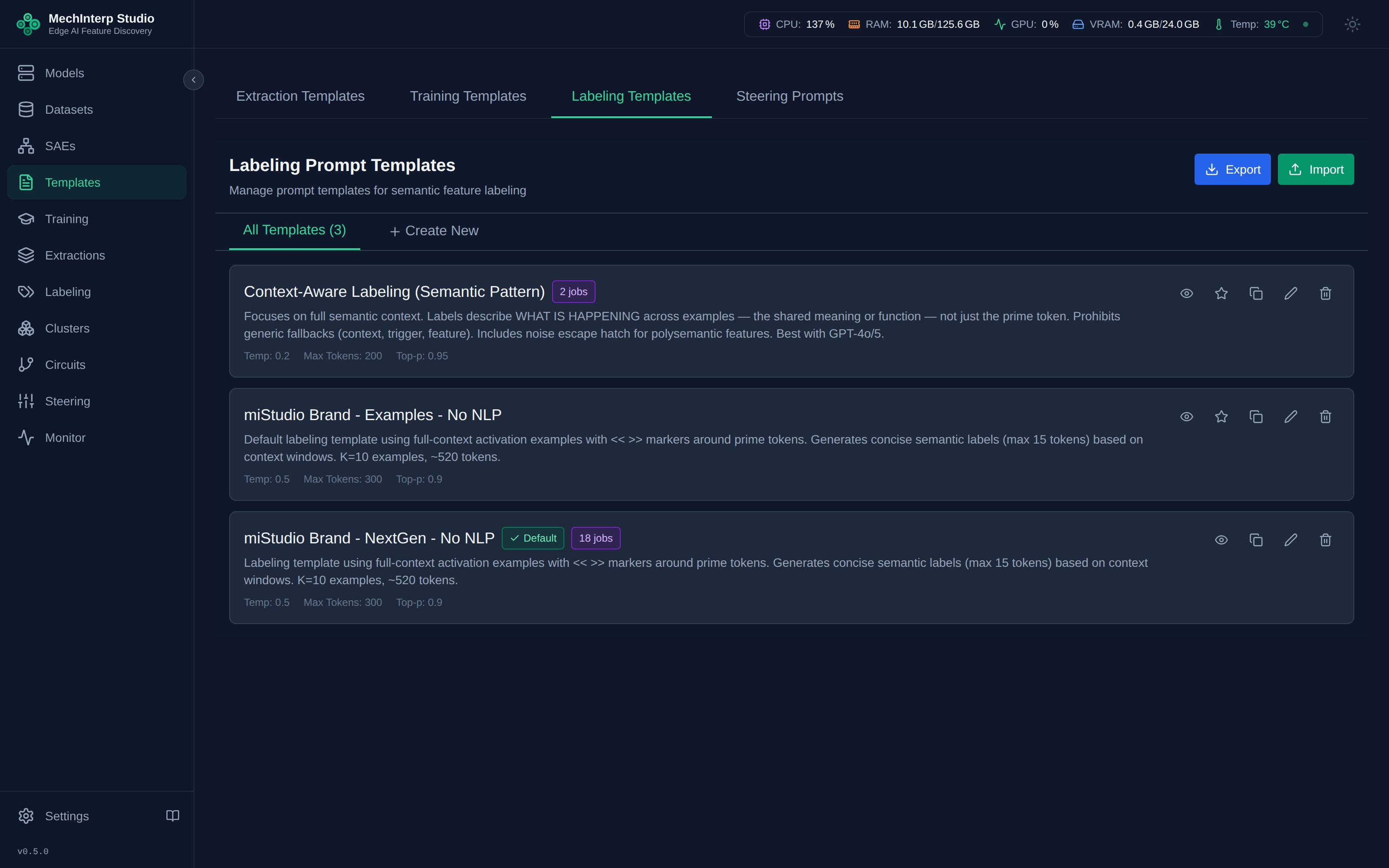 Labeling Prompt Templates panel — Context-Aware template at top, with miStudio Brand templates below