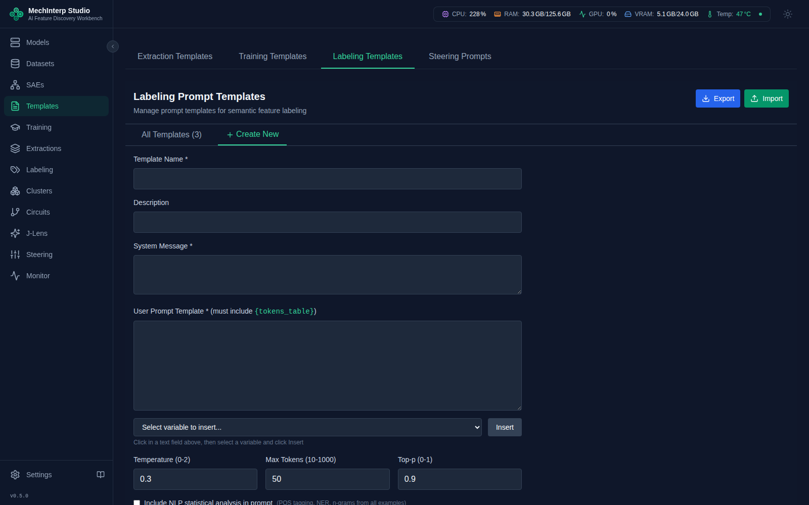 The labeling template editor — system message, user prompt, and sampling parameters