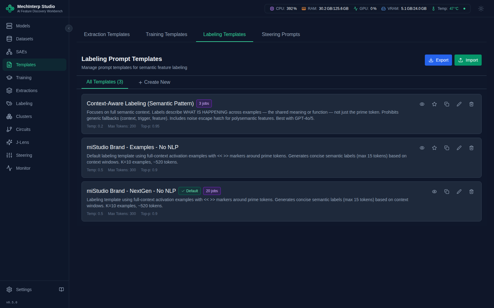 Labeling Templates — the three templates a trial can choose between, with their sampling parameters