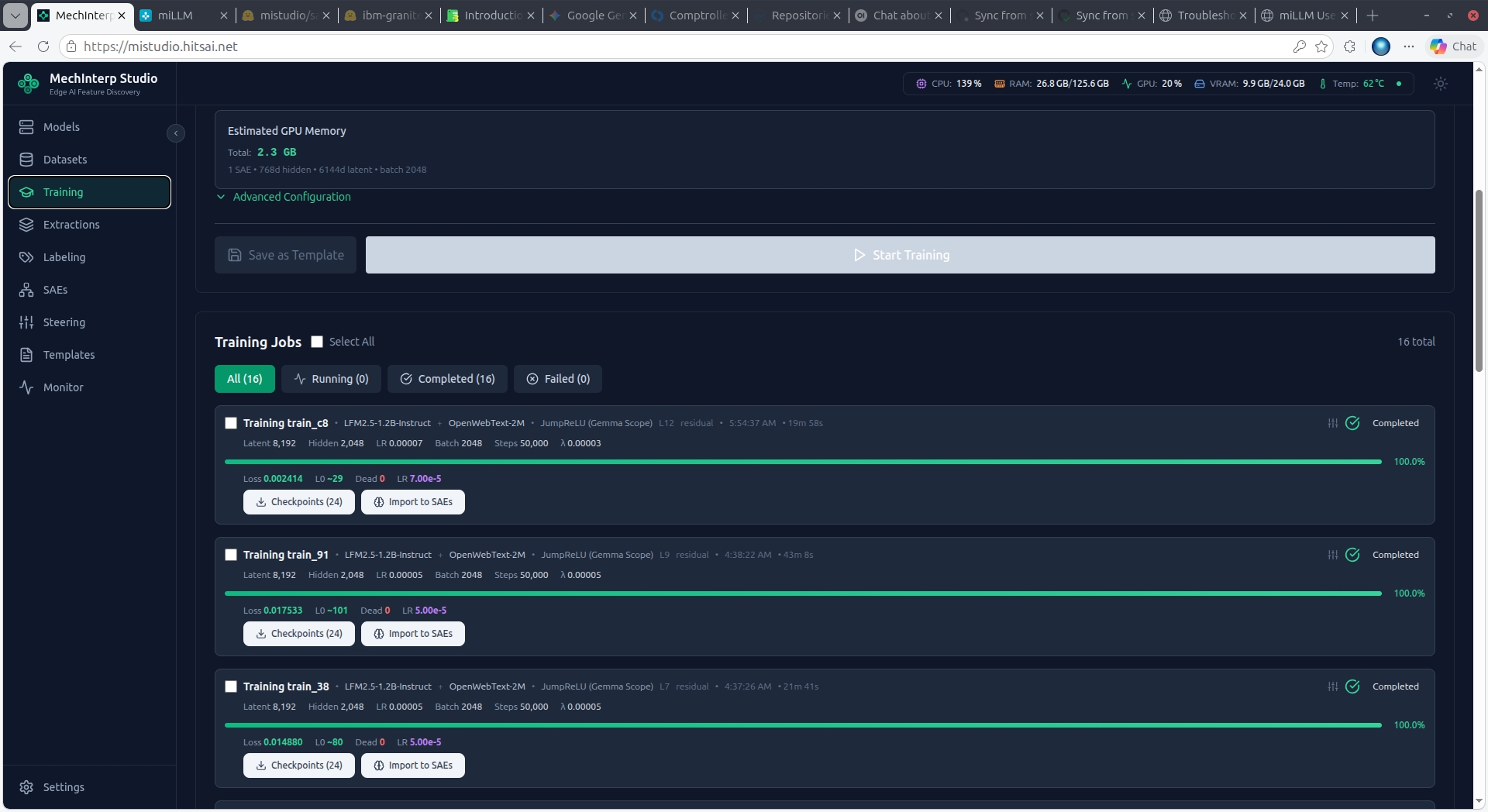 Training Panel — Completed training jobs